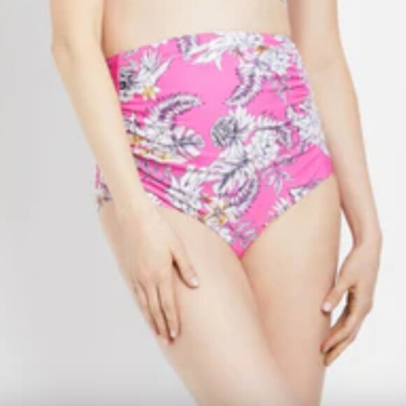 Beach Bump High Waisted Maternity Bikini Swim Bottoms, Pink Floral, Size Medium - Picture 1 of 9